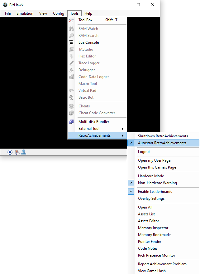 RAIntegration menu in BizHawk